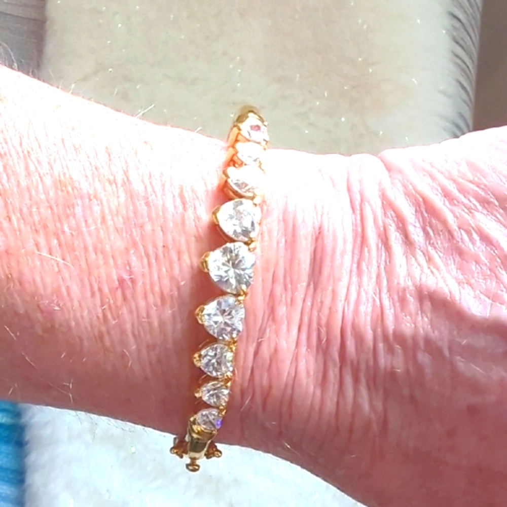 Vintage 1980s Gold Vermeil Sterling Silver Heart CZ Bangle Marked 925 Heirloom - Picture 7 of 13